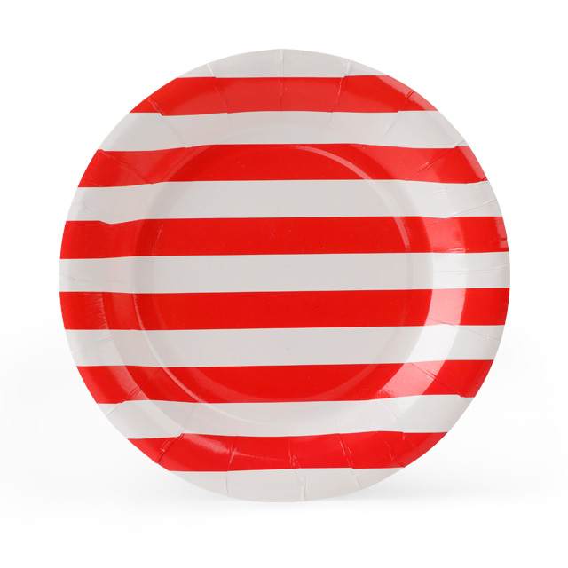 Disposable red and white striped paper plates